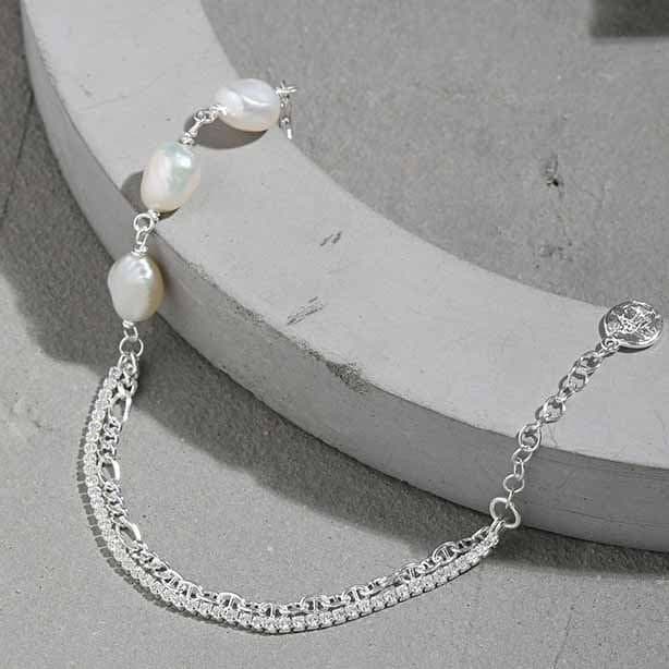 Irregular Double Layer Hollow Chain Natural Pearl 925 Sterling Silver Bracelet