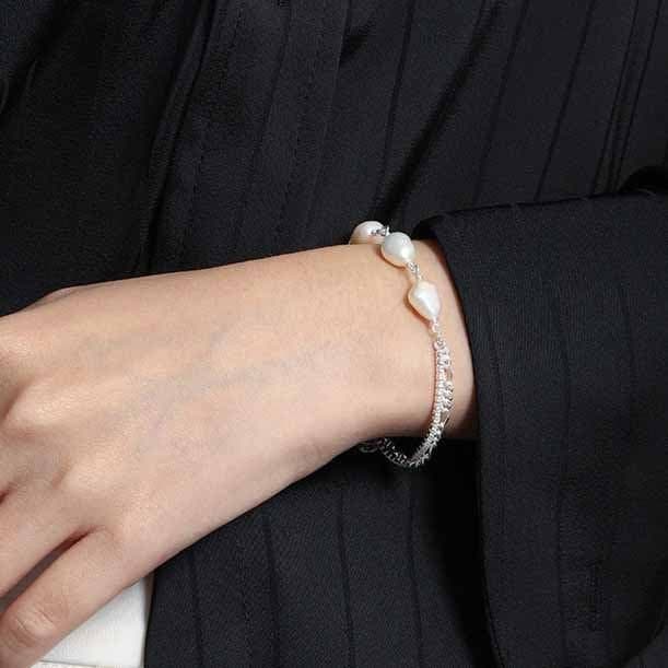 Irregular Double Layer Hollow Chain Natural Pearl 925 Sterling Silver Bracelet