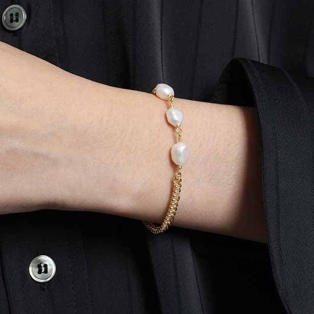 Irregular Double Layer Hollow Chain Natural Pearl 925 Sterling Silver Bracelet