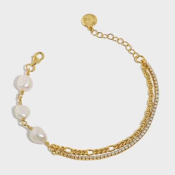 Irregular Double Layer Hollow Chain Natural Pearl 925 Sterling Silver Bracelet