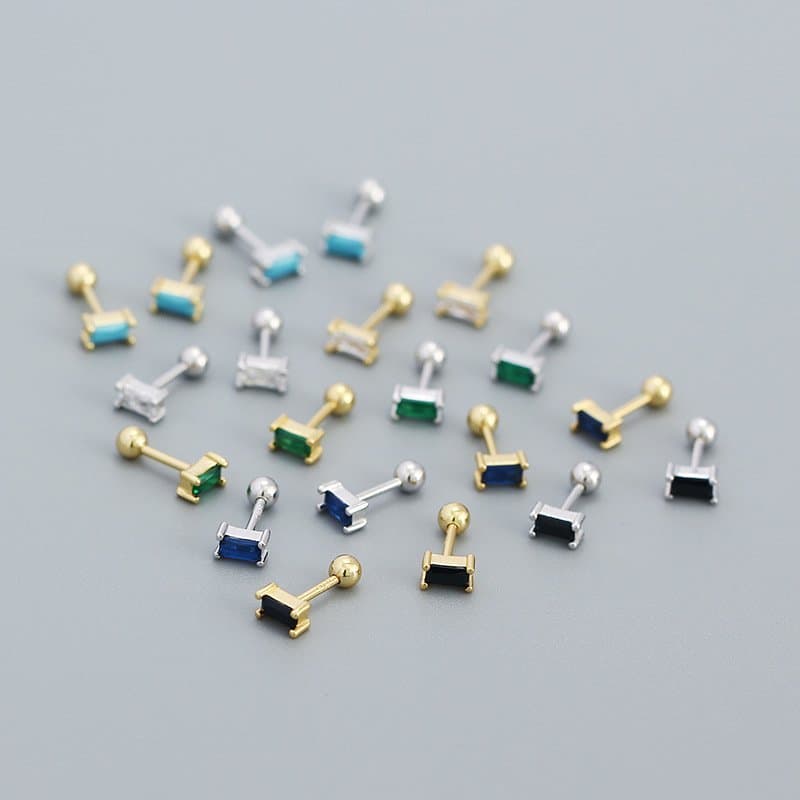 Geometric Mini CZ Rectangle Turquoise 925 Sterling Silver Stud Earrings