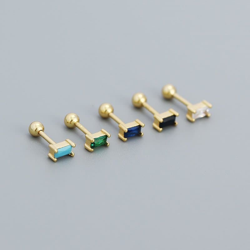 Geometric Mini CZ Rectangle Turquoise 925 Sterling Silver Stud Earrings