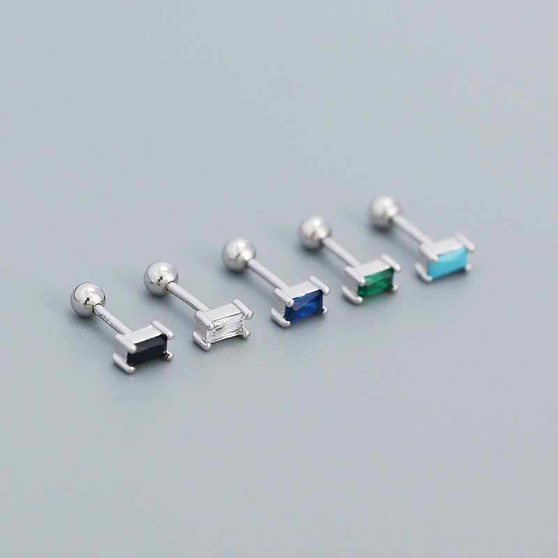 Geometric Mini CZ Rectangle Turquoise 925 Sterling Silver Stud Earrings