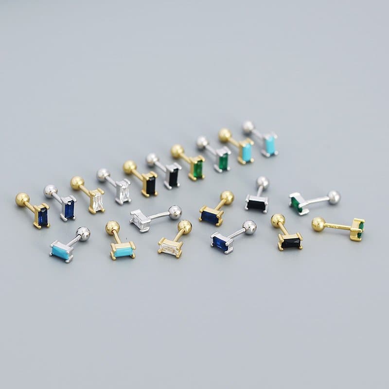 Geometric Mini CZ Rectangle Turquoise 925 Sterling Silver Stud Earrings