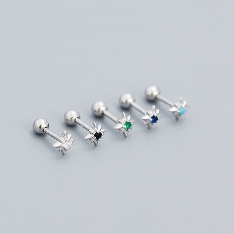 Mini CZ Eight Pointed Star Screw 925 Sterling Silver Stud Earrings