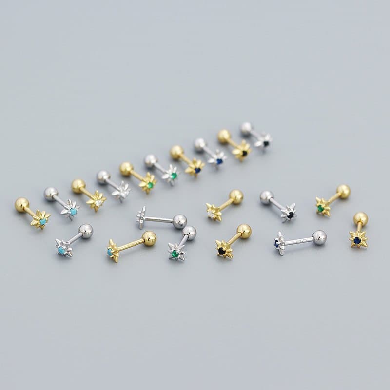 Mini CZ Eight Pointed Star Screw 925 Sterling Silver Stud Earrings