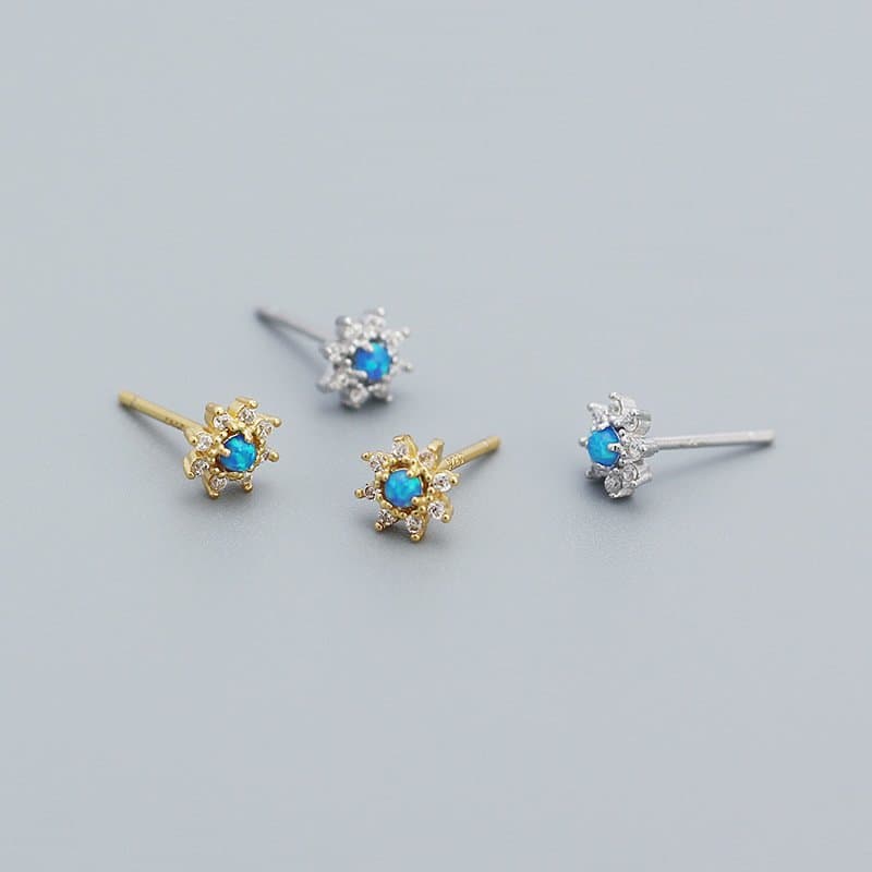 Mini Blue Created Opal CZ Flower 925 Sterling Silver Stud Earrings