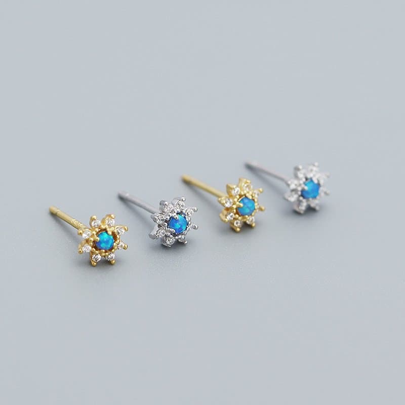 Mini Blue Created Opal CZ Flower 925 Sterling Silver Stud Earrings