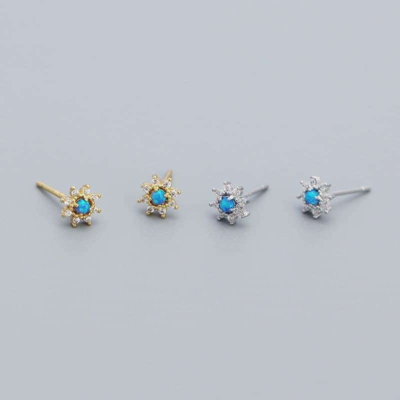 Mini Blue Created Opal CZ Flower 925 Sterling Silver Stud Earrings