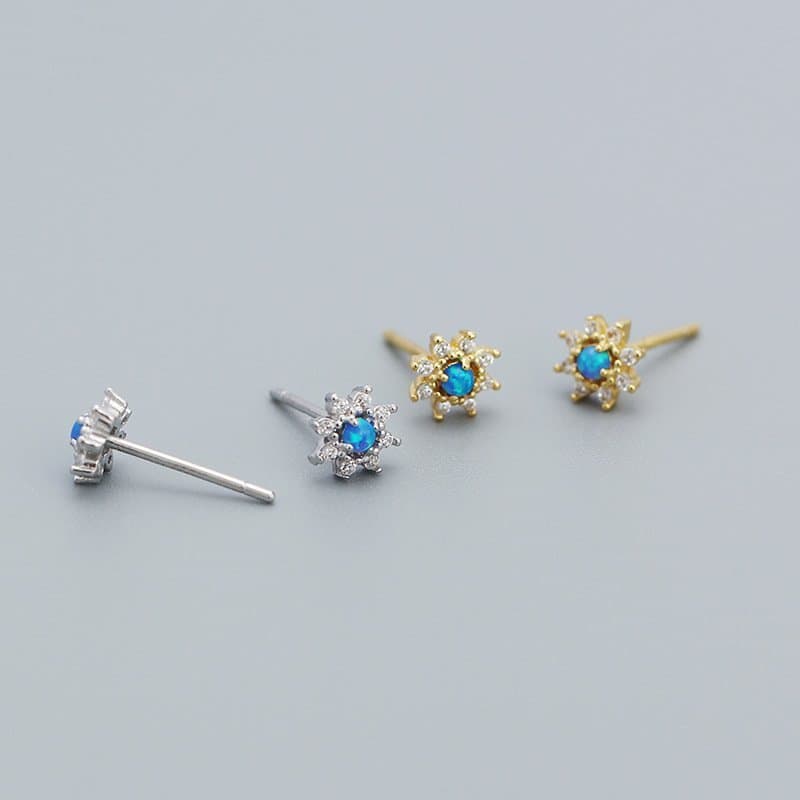 Mini Blue Created Opal CZ Flower 925 Sterling Silver Stud Earrings