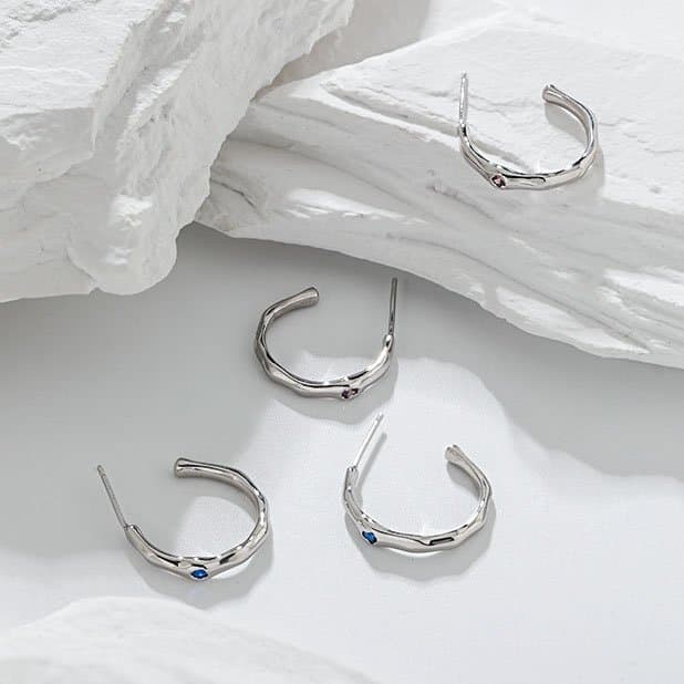 Geometric Irregular CZ Circle 925 Sterling Silver Hoop Earrings