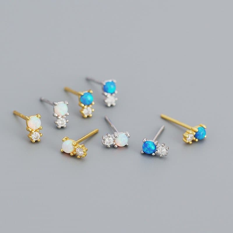 Round Created Opal Snowman CZ 925 Sterling Silver Stud Earrings
