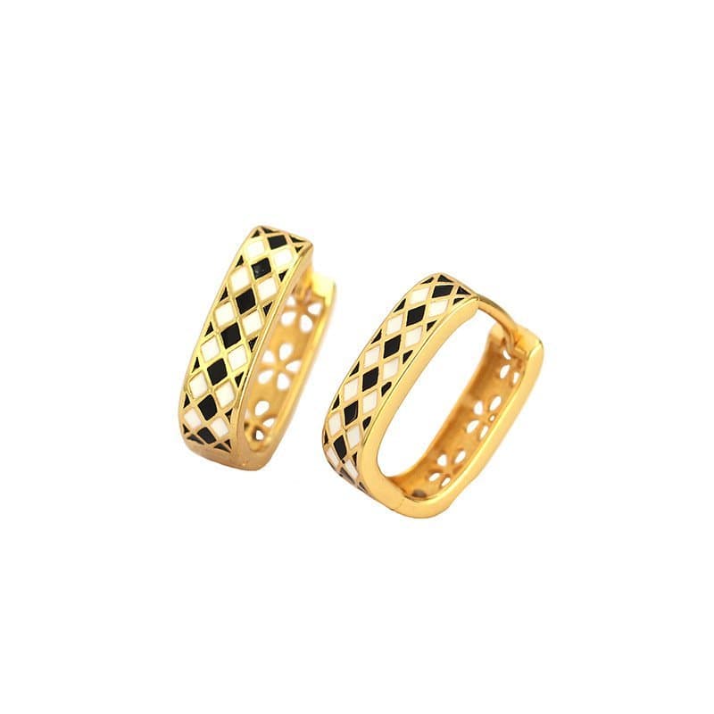 Geometric Black White Chess Board 925 Sterling Silver Huggie Hoop Earrings