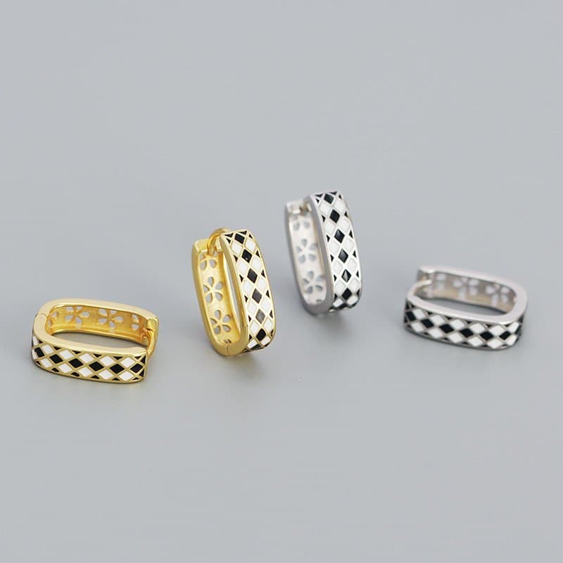 Geometric Black White Chess Board 925 Sterling Silver Huggie Hoop Earrings
