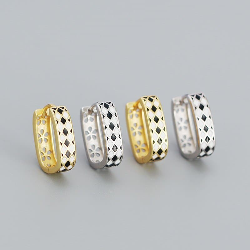 Geometric Black White Chess Board 925 Sterling Silver Huggie Hoop Earrings