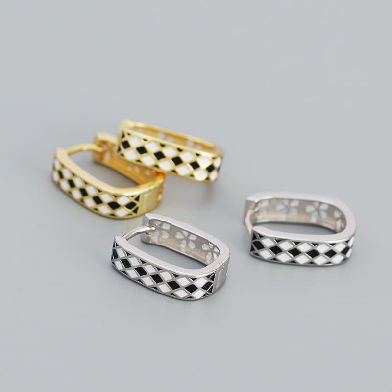 Geometric Black White Chess Board 925 Sterling Silver Huggie Hoop Earrings