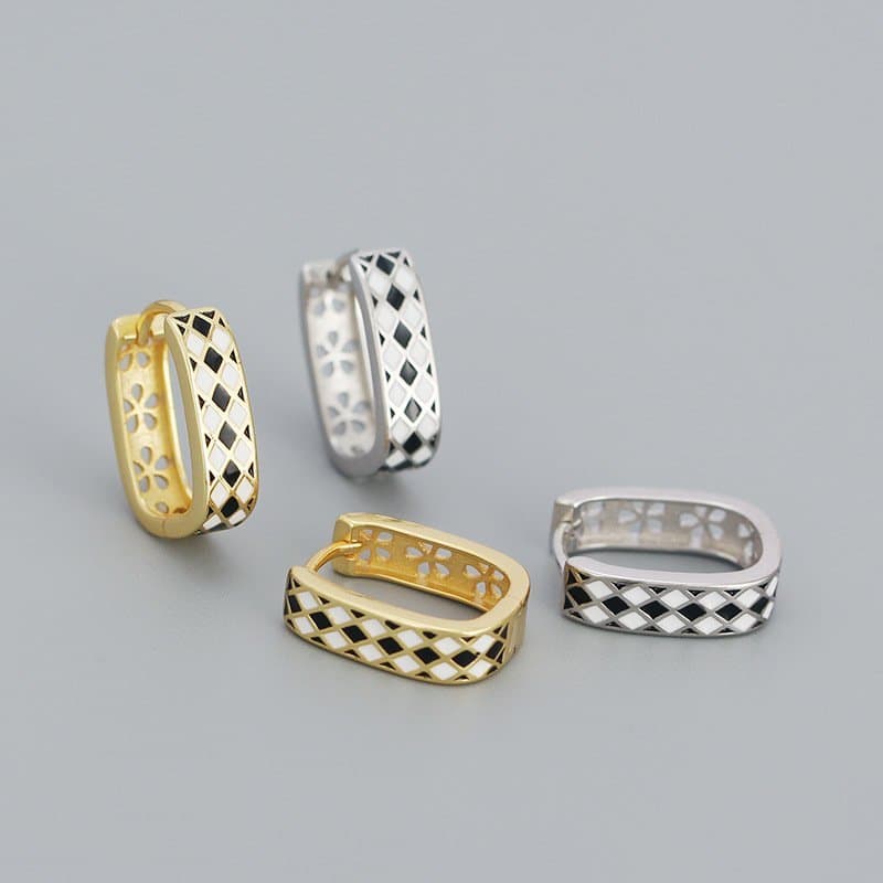 Geometric Black White Chess Board 925 Sterling Silver Huggie Hoop Earrings