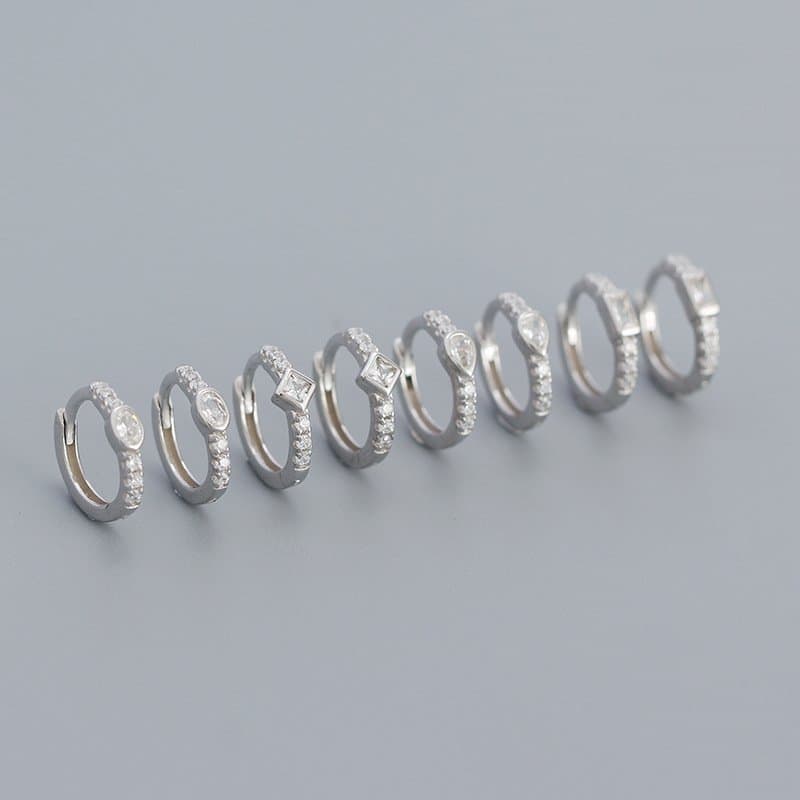 Geometric CZ Square Oval 925 Sterling Silver Huggie Hoop Earrings