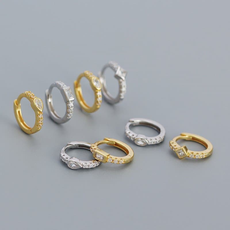 Geometric CZ Square Oval 925 Sterling Silver Huggie Hoop Earrings