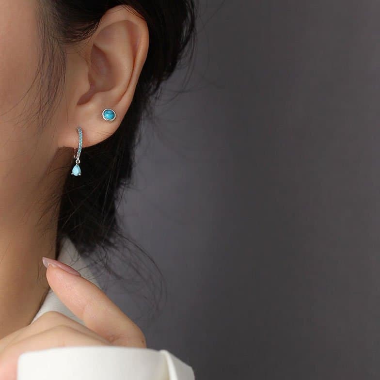 Geometric Round Created Agate Moonstone Turquoise 925 Sterling Silver Stud Earrings
