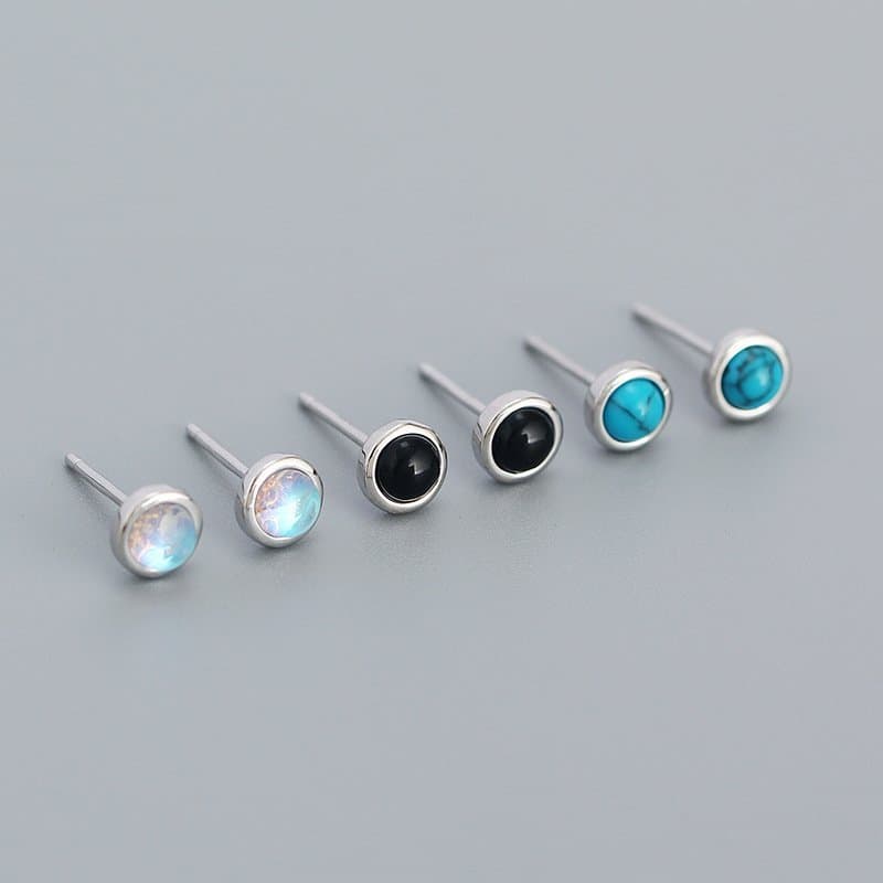 Geometric Round Created Agate Moonstone Turquoise 925 Sterling Silver Stud Earrings