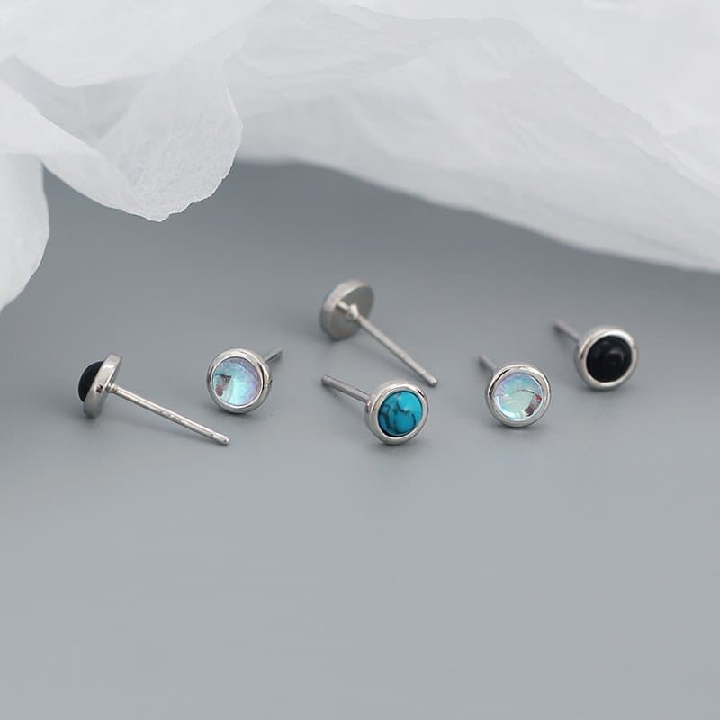 Geometric Round Created Agate Moonstone Turquoise 925 Sterling Silver Stud Earrings