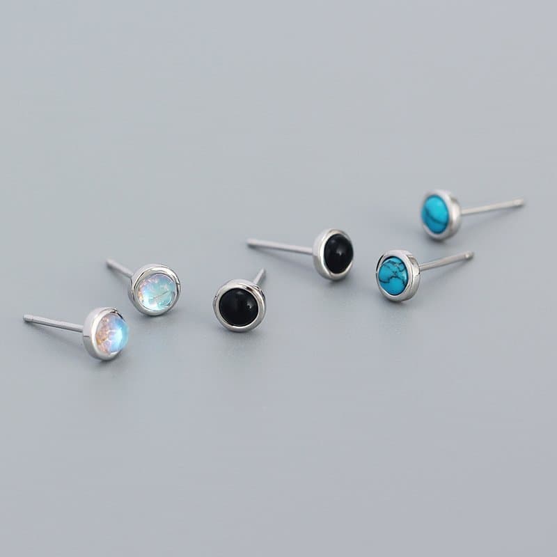 Geometric Round Created Agate Moonstone Turquoise 925 Sterling Silver Stud Earrings