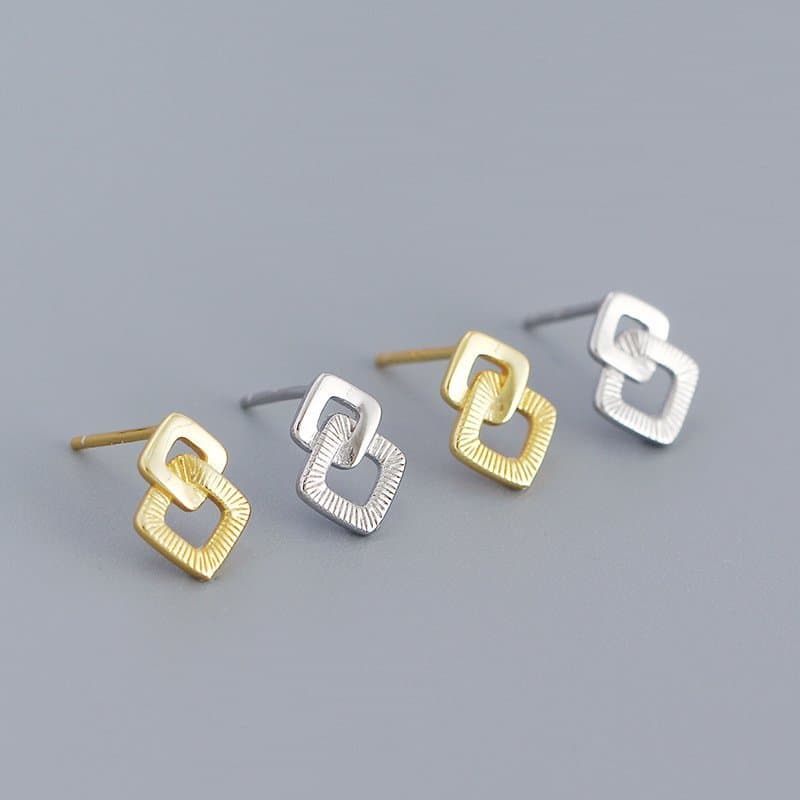 Geometric Double Hollow Square Cross 925 Sterling Silver Stud Earrings