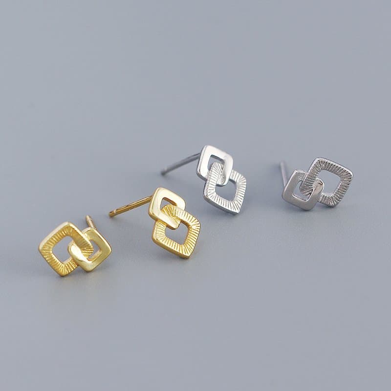Geometric Double Hollow Square Cross 925 Sterling Silver Stud Earrings