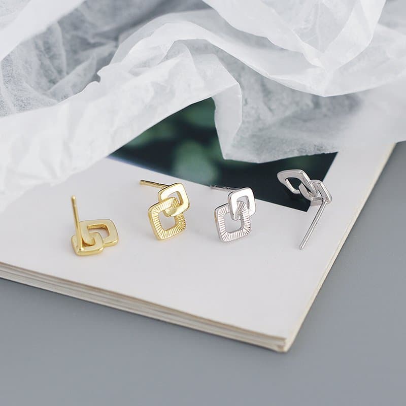 Geometric Double Hollow Square Cross 925 Sterling Silver Stud Earrings
