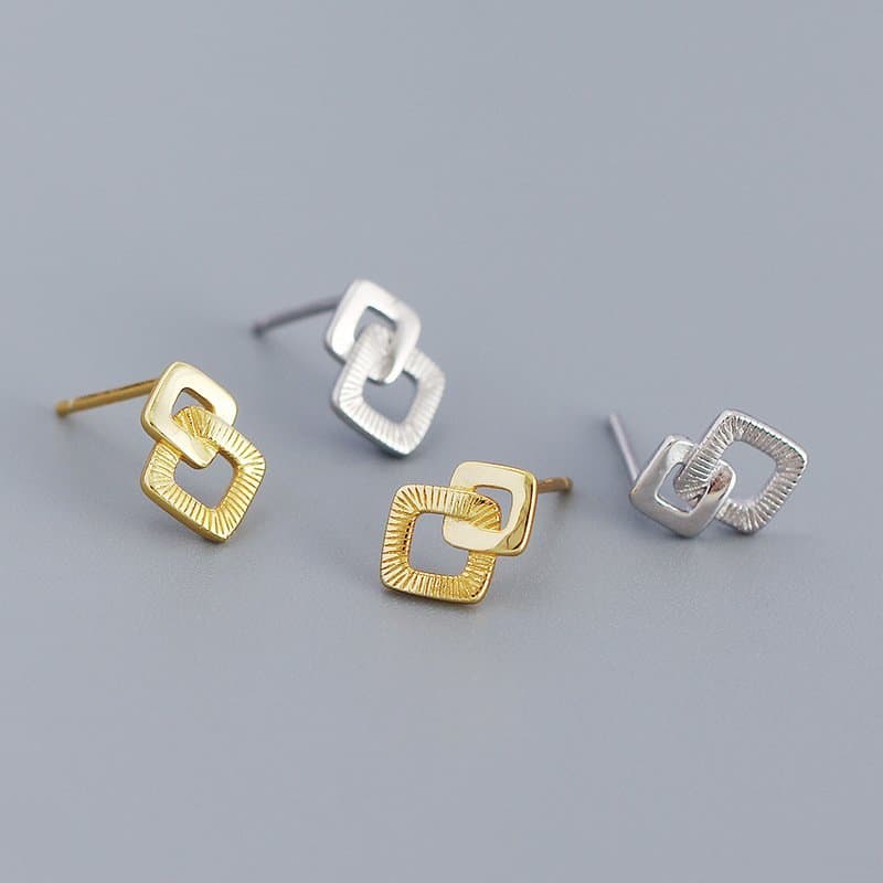 Geometric Double Hollow Square Cross 925 Sterling Silver Stud Earrings