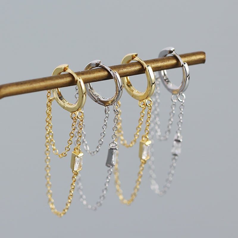 Elegant CZ Double Tassels 925 Sterling Silver Hoop Earrings
