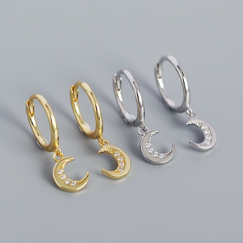 CZ Crescent Moon 925 Sterling Silver Hoop Earrings
