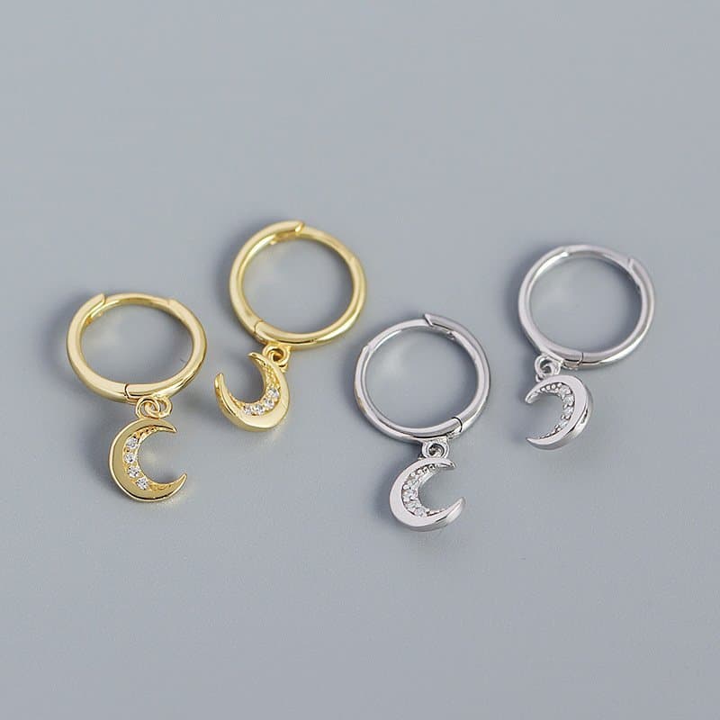 CZ Crescent Moon 925 Sterling Silver Hoop Earrings
