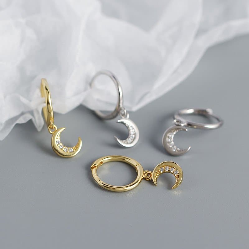 CZ Crescent Moon 925 Sterling Silver Hoop Earrings