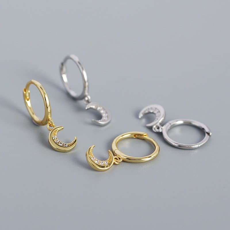 CZ Crescent Moon 925 Sterling Silver Hoop Earrings