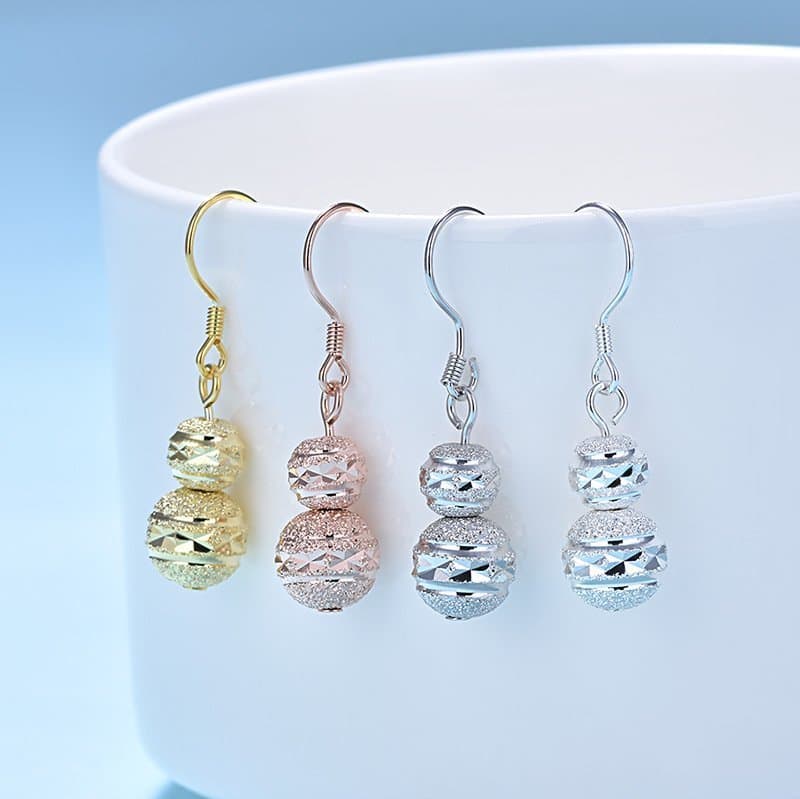 Round Frosting Beads 925 Sterling Silver Dangling Earrings