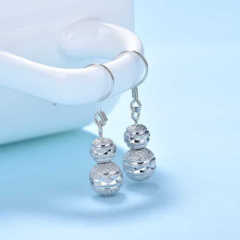 Round Frosting Beads 925 Sterling Silver Dangling Earrings