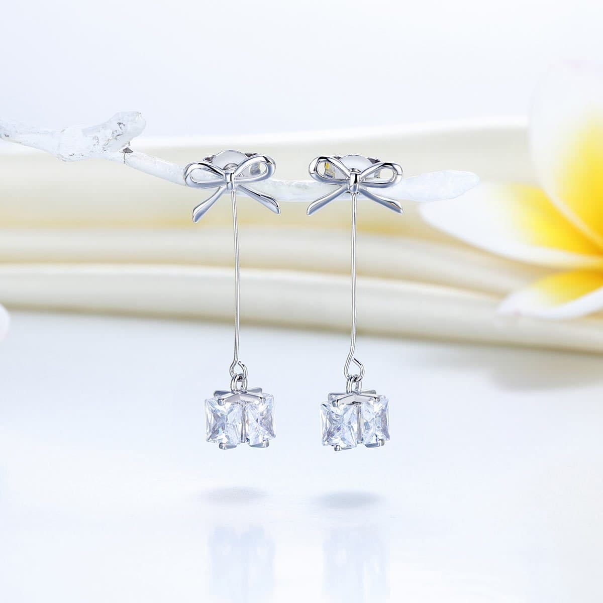 Silver Bowknot Earrings Dangle Drop