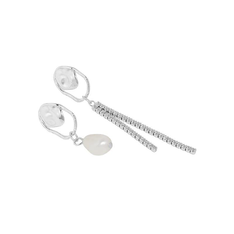 Asymmetric Shell Pearl CZ Tassels 925 Sterling Silver Dangling Earrings