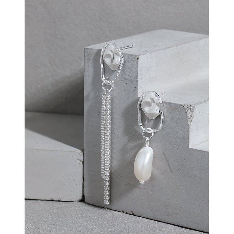 Asymmetric Shell Pearl CZ Tassels 925 Sterling Silver Dangling Earrings