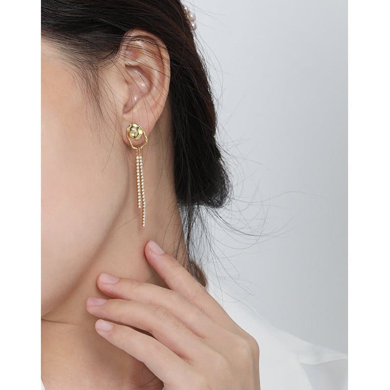 Asymmetric Shell Pearl CZ Tassels 925 Sterling Silver Dangling Earrings