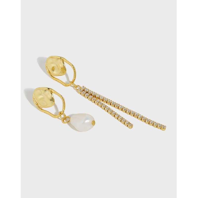 Asymmetric Shell Pearl CZ Tassels 925 Sterling Silver Dangling Earrings
