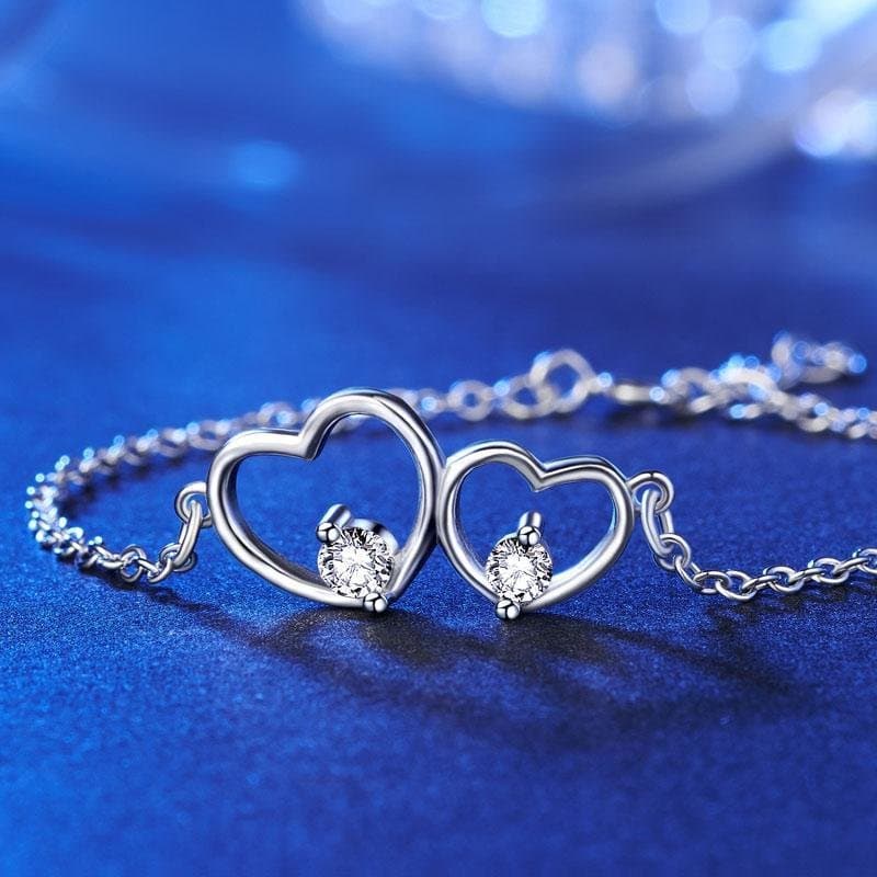 Solid Sterling Silver Bracelet Double Heart