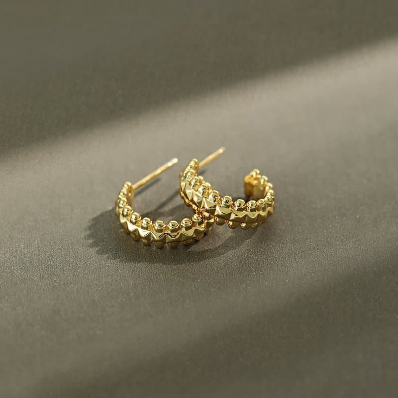 Classic Beads Bubbles C Shape 925 Sterling Silver Hoop Earrings