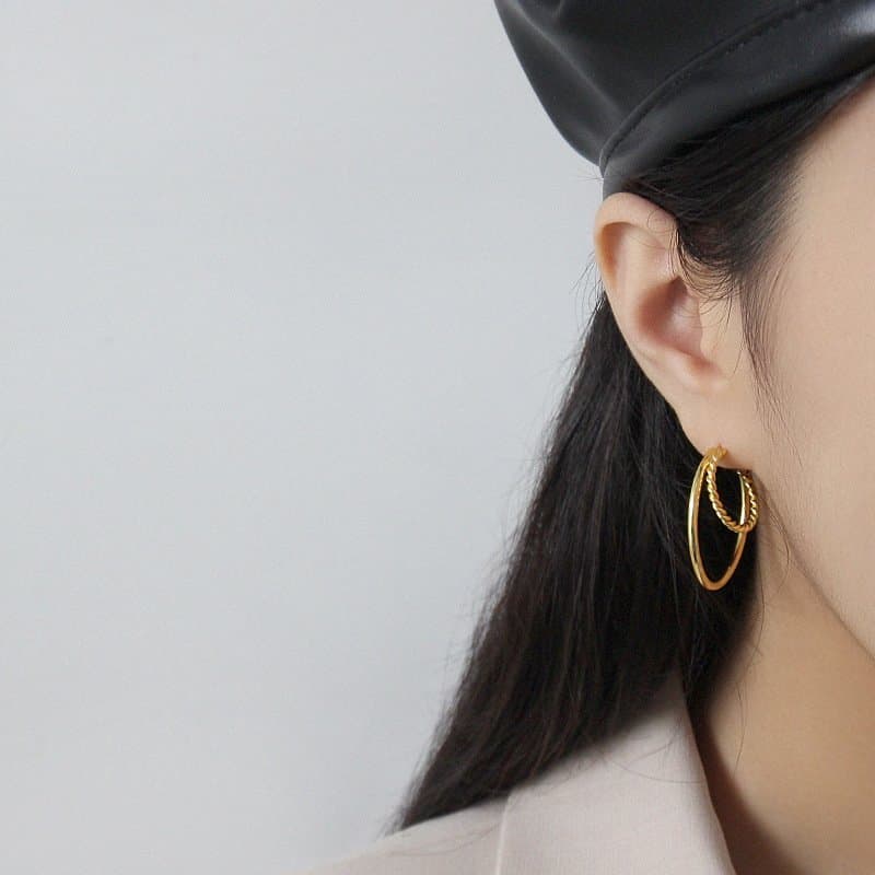 Double Layers Twisted 925 Sterling Silver Hoop Earrings
