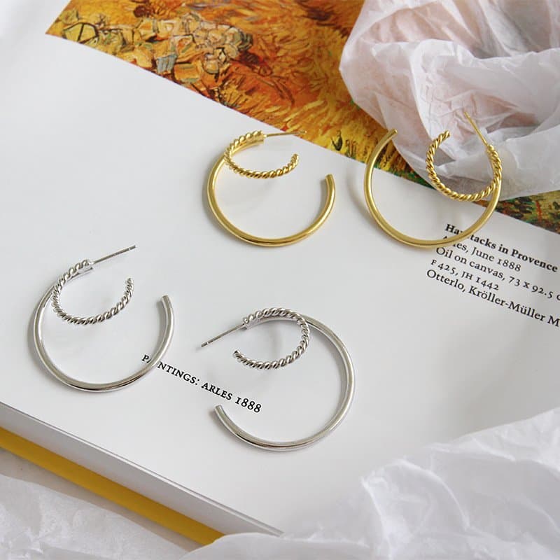 Double Layers Twisted 925 Sterling Silver Hoop Earrings
