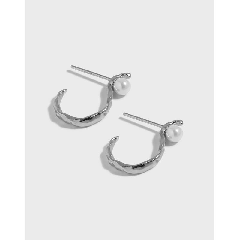 S Shape Round Shell Pearl 925 Sterling Silver Hoop Earrings