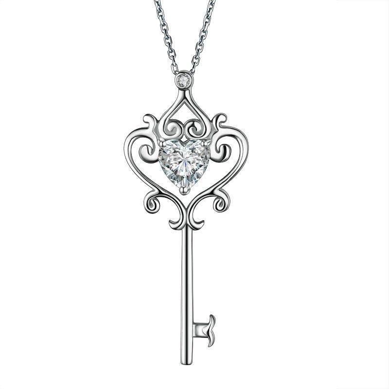 Love Heart Key 925 Sterling Silver Pendant Necklace Vintage Style