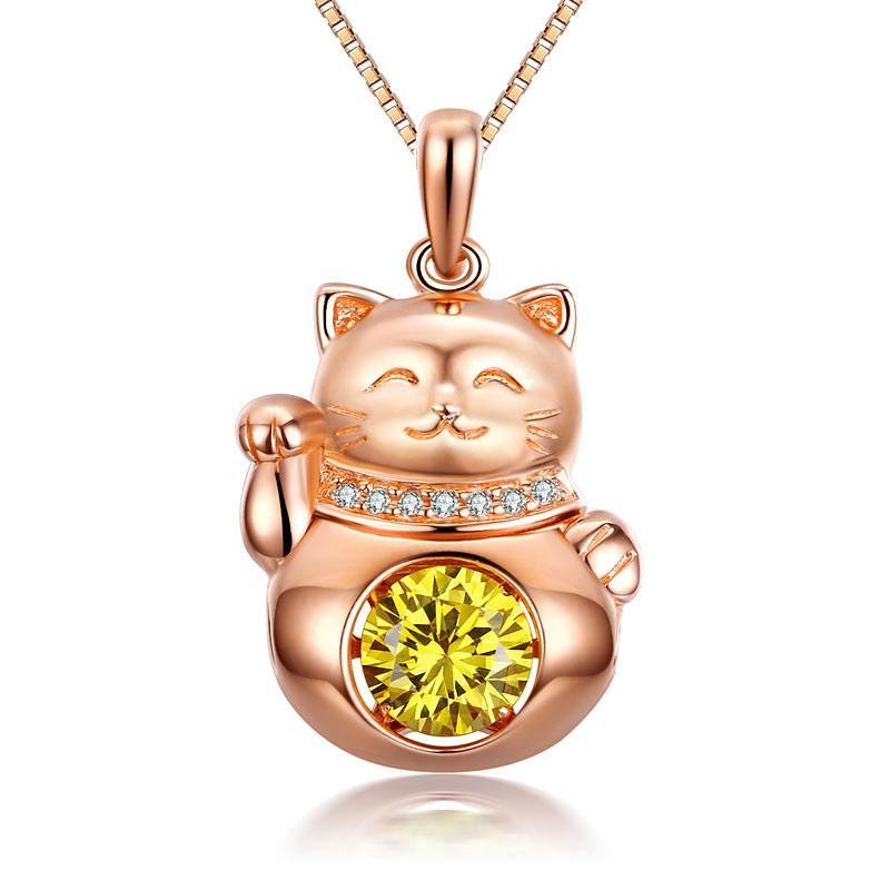 Lucky Cat Dancing Stone Pendant Necklace Rose Gold Plated
